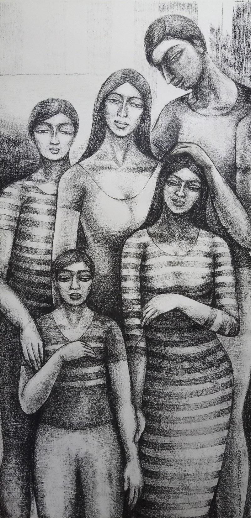 Figurative dry pastel drawing titled 'Family', 48x30 inches, by artist Sumana Nath De on Paper