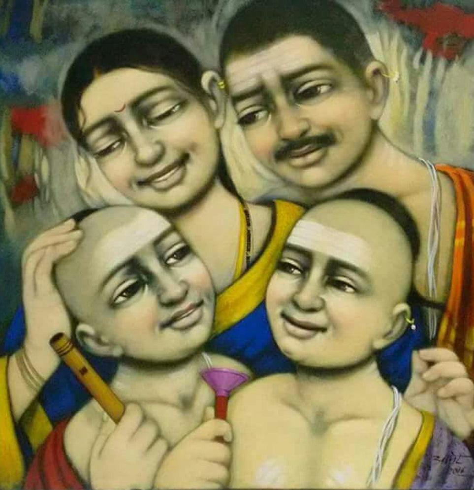 Religious acrylic painting titled 'Family', 24x24 inches, by artist Apet Pramod on Canvas
