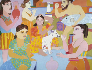 Figurative gouache painting titled 'Family', 22x30 inches, by artist Shripad Gurav on Paper