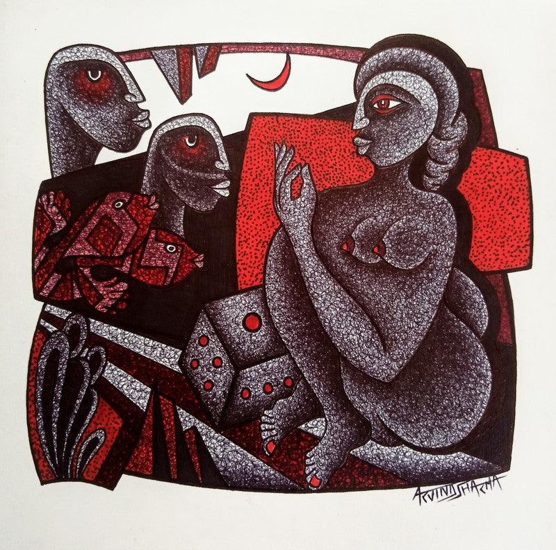 Figurative pen drawing titled 'Fantasy', 5x5 inches, by artist Arvind Sharma on Paper