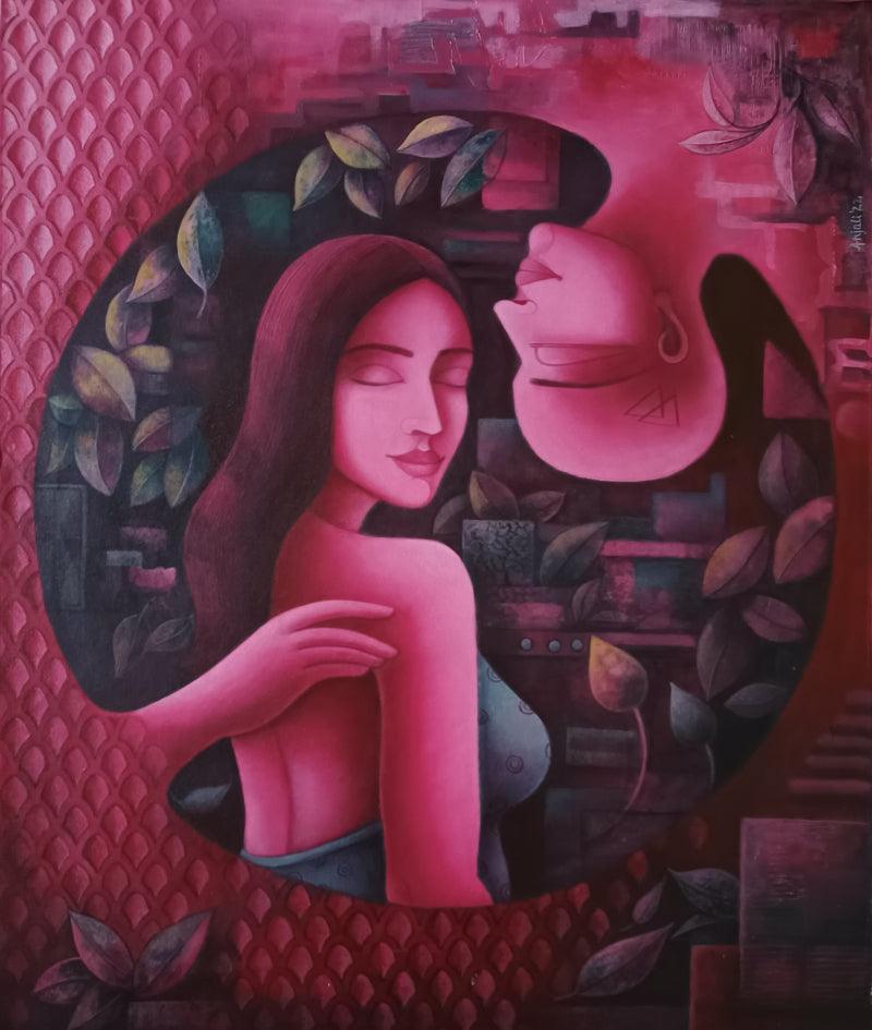 Figurative acrylic painting titled 'Fantasy', 28x24 inches, by artist Anjali Surana on Canvas
