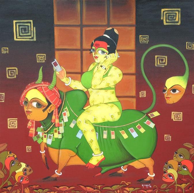 Figurative oil painting titled 'Fantasy', 60x60 inches, by artist KV Kale on Canvas