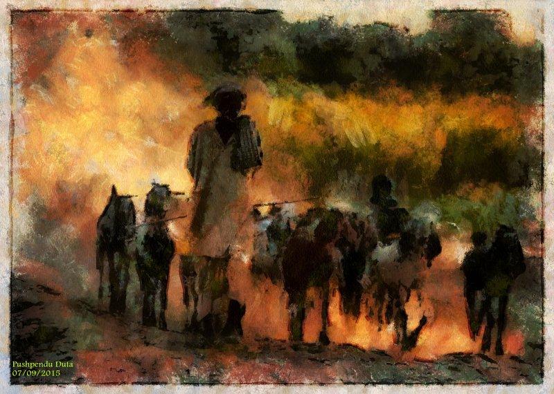 Lifestyle Digital Painting digital art titled 'Farmer', 11x16 inches, by artist Pushpendu Dutta on canvas
