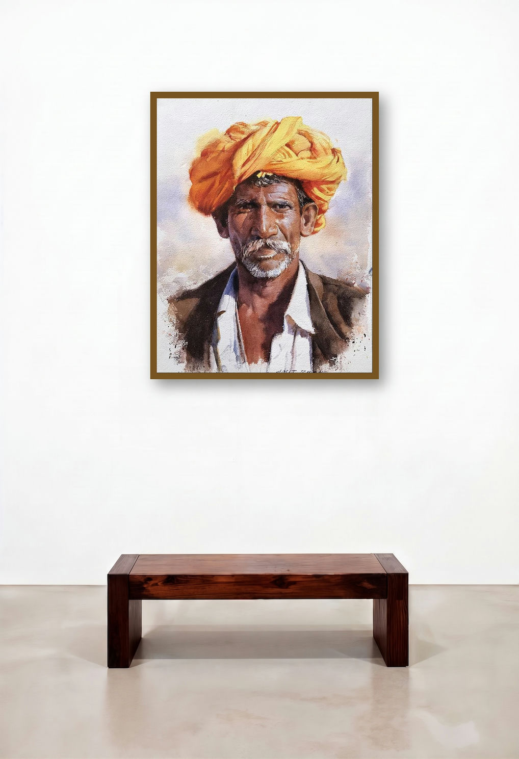 Farmer (Portrait of a Wise Old Man) by artist Amit Dhane displayed in a Rustic Dining Room