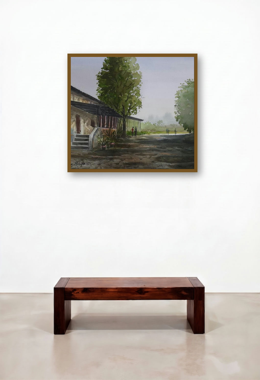 Farmhouse (A Peaceful Village Morning) by artist Madhukar Mahajan displayed in a Japandi Library