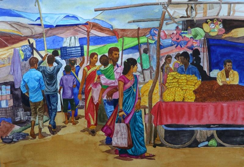 Figurative watercolor painting titled 'Festival', 12x20 inches, by artist Shiva Prasad Reddy on Paper