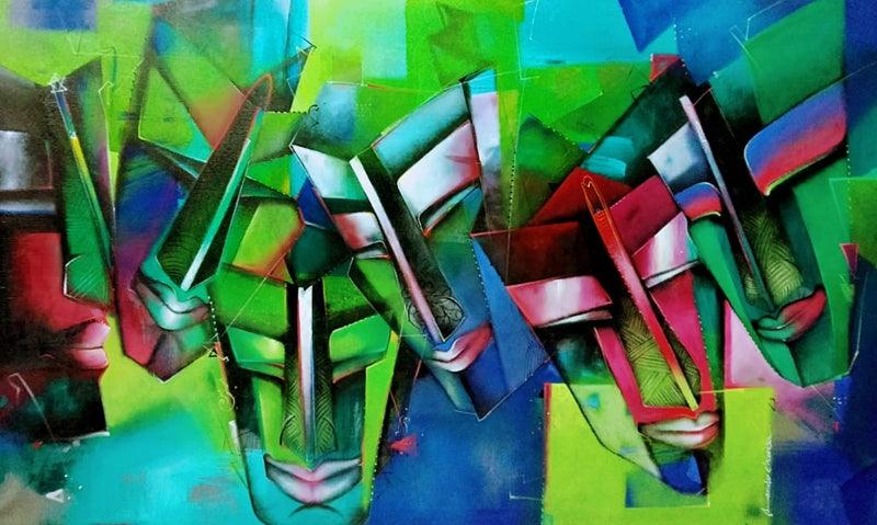 Figurative acrylic painting titled 'Festival', 36x60 inches, by artist Samir Chanda on Canvas