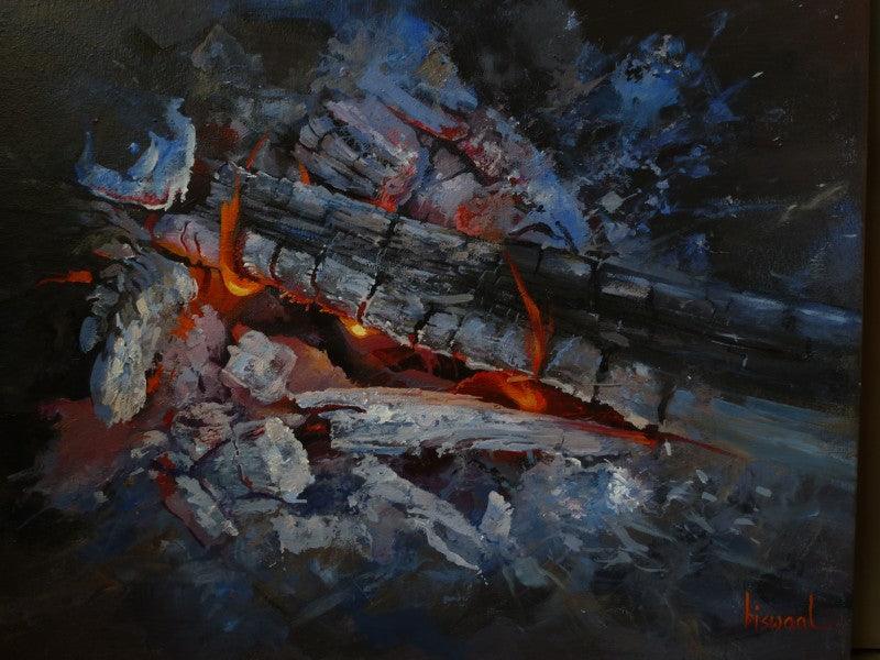 Cityscape acrylic painting titled 'Fire', 20x24 inches, by artist Bijay Biswaal on Canvas