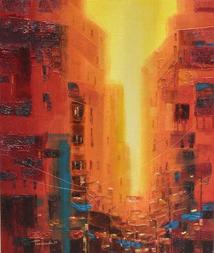 Cityscape oil painting titled 'First Light', 36x30 inches, by artist Purnendu Mandal on Canvas