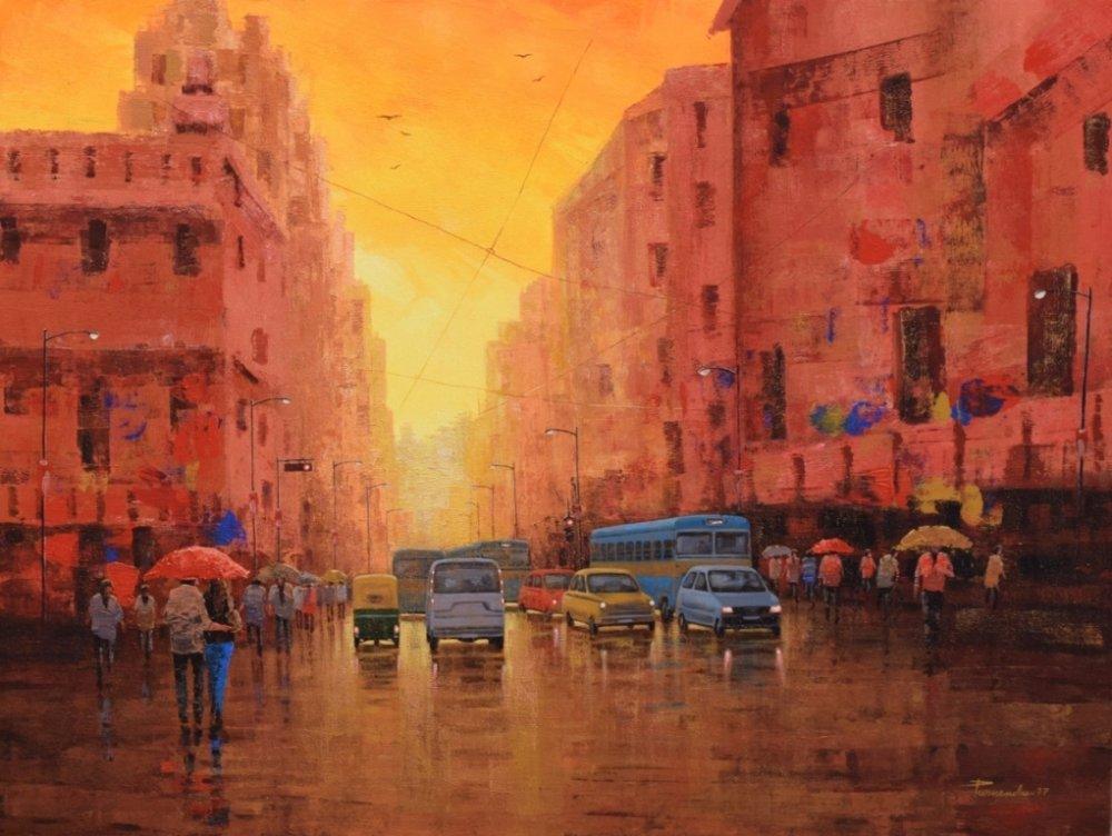 Cityscape acrylic painting titled 'First Light', 36x48 inches, by artist Purnendu Mandal on Canvas