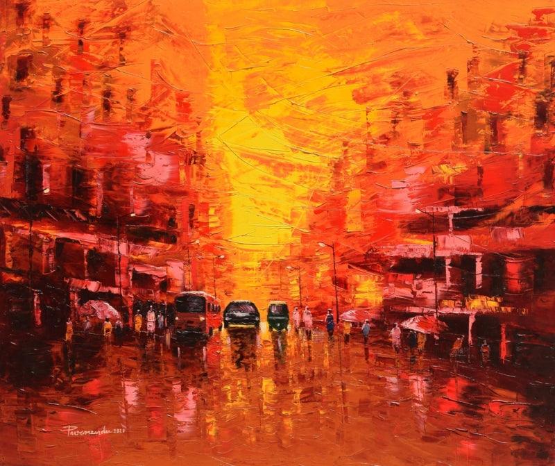 Cityscape oil painting titled 'First Light', 30x36 inches, by artist Purnendu Mandal on Canvas