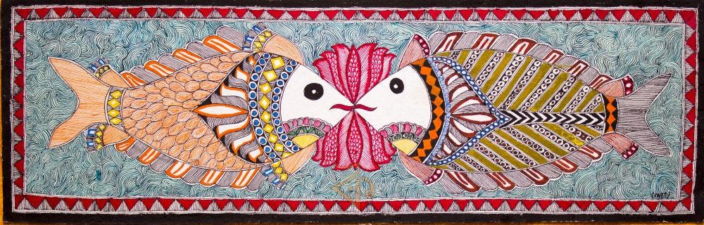 Folk Art madhubani traditional art titled 'Fish 3 Madhubani Painting', 7x23 inches, by artist Kalaviti Arts on Cloth