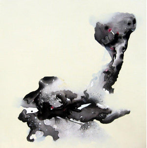 Abstract mixed media painting titled 'Fish', 48x48 inches, by artist Huma Khan on Canvas