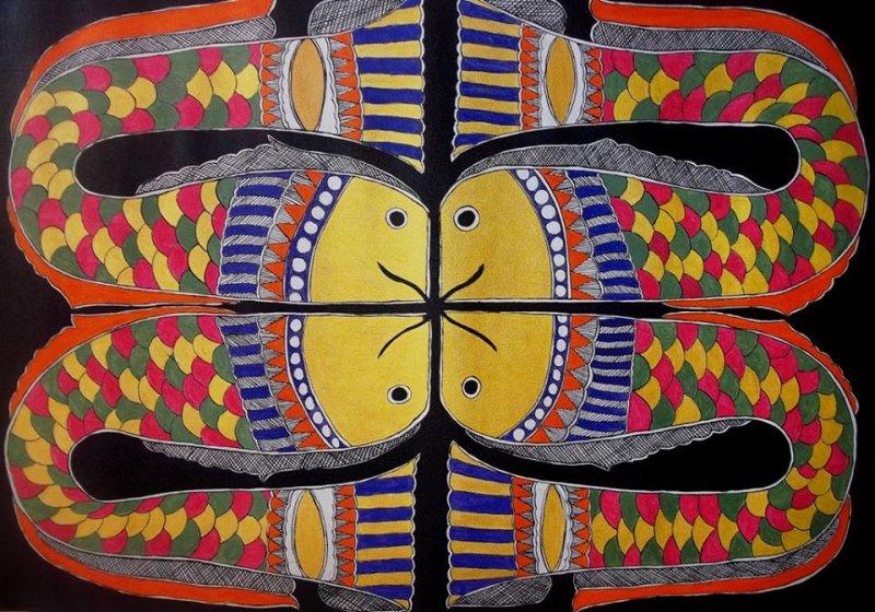 Nature acrylic painting titled 'Fish', 24x24 inches, by artist Preeti Das on Paper