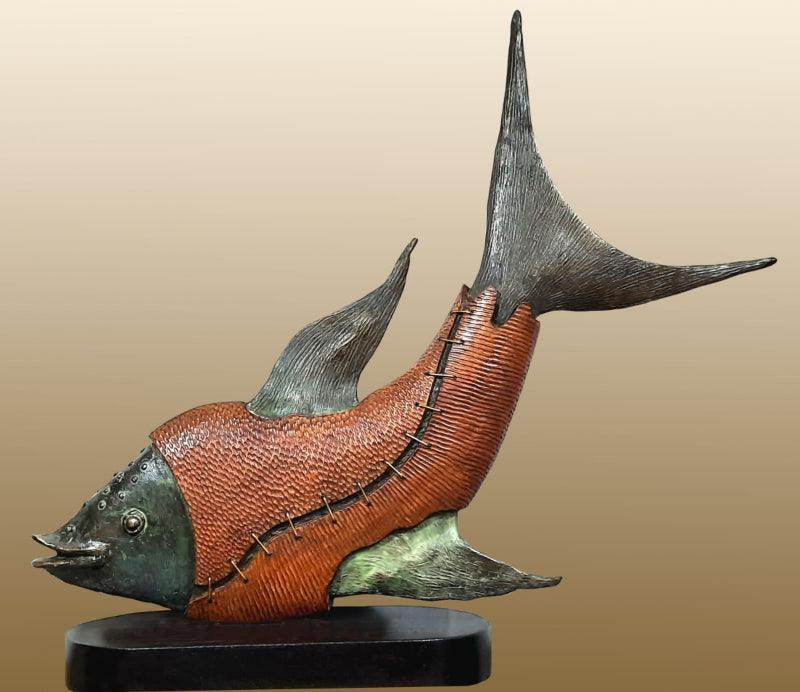 Animals sculpture titled 'Fish', 27x31x8 inches, by artist Subrata Paul on Bronze, Wood