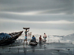 Fishing (Symphony of the Sea) by Jiaur Rahman, Original Watercolor Cityscape Painting on Paper, Medium Horizontal Wall Art
