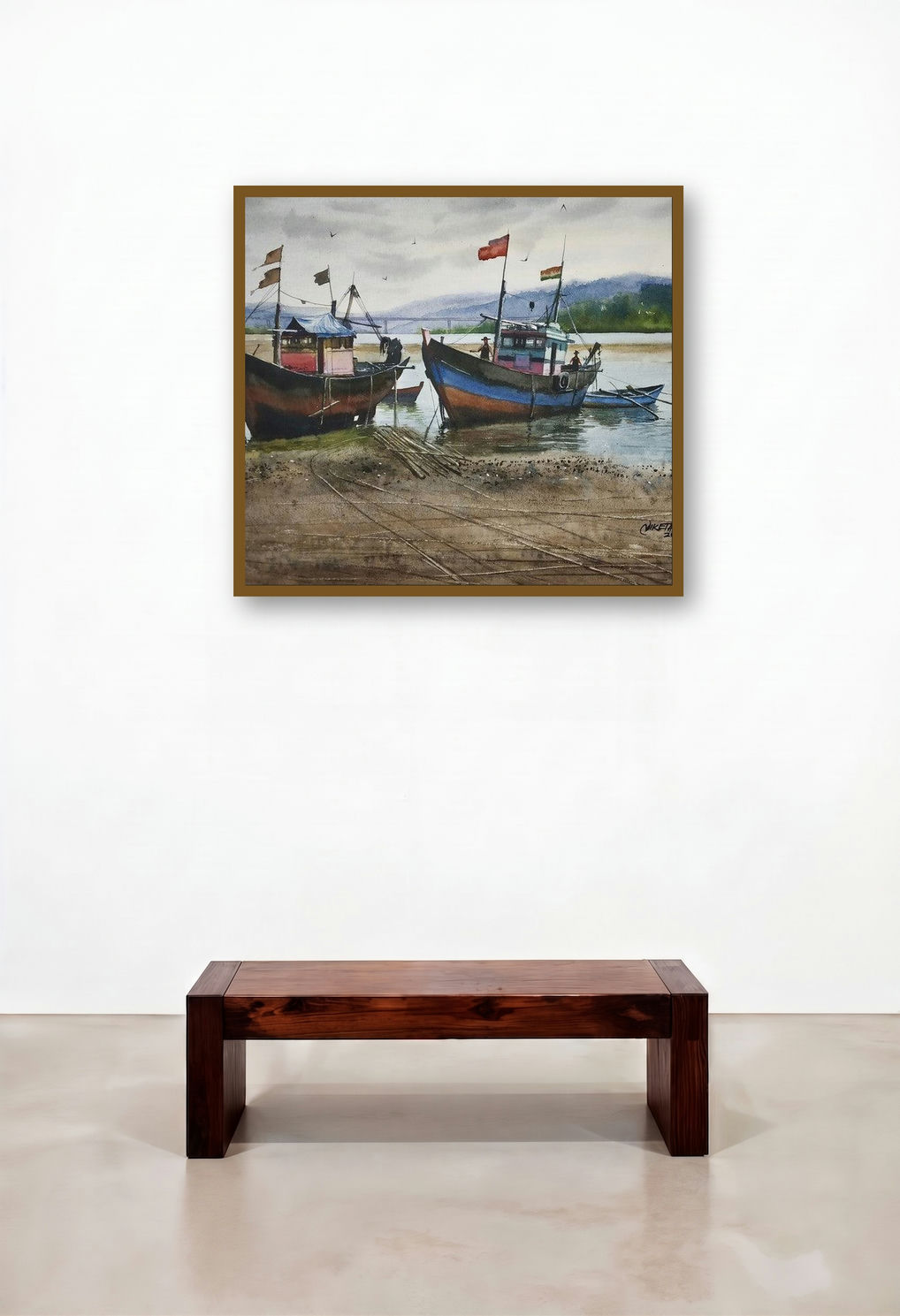 Fishing Boat (Awaiting the Tide) by artist Niketan Bhalerao displayed in a Scandinavian Hotel Lobby