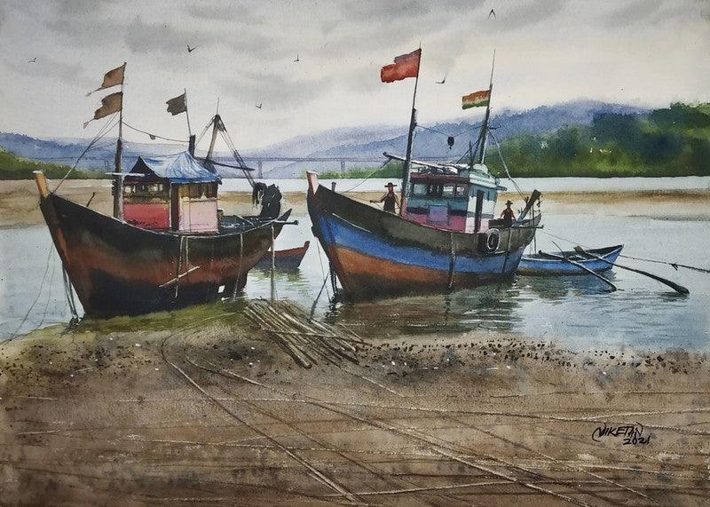 Seascape watercolor painting titled 'Fishing Boat', 17x12 inches, by artist Niketan Bhalerao on Watercolour On Paper
