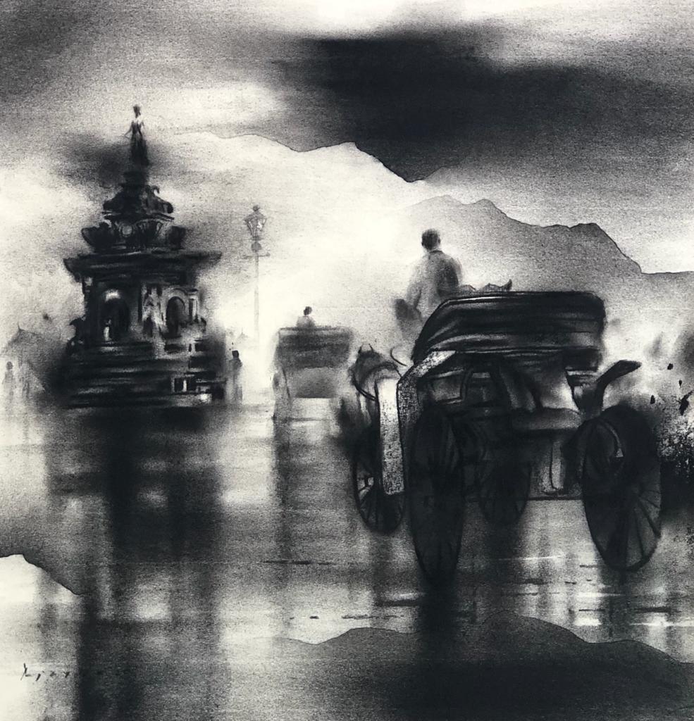 Cityscape charcoal painting titled 'Flora Fountain', 20x20 inches, by artist Ajay De on Paper