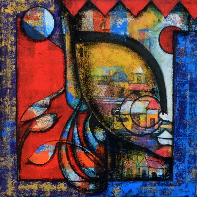 contemporary mixed media painting titled 'Floral beauty', 24x24 inches, by artist Anupam Pal on canvas