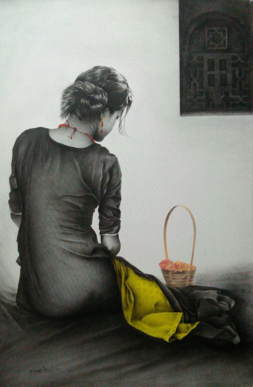Figurative charcoal drawing titled 'Flower Girl', 24x36 inches, by artist Yuvraj Patil on Canvas