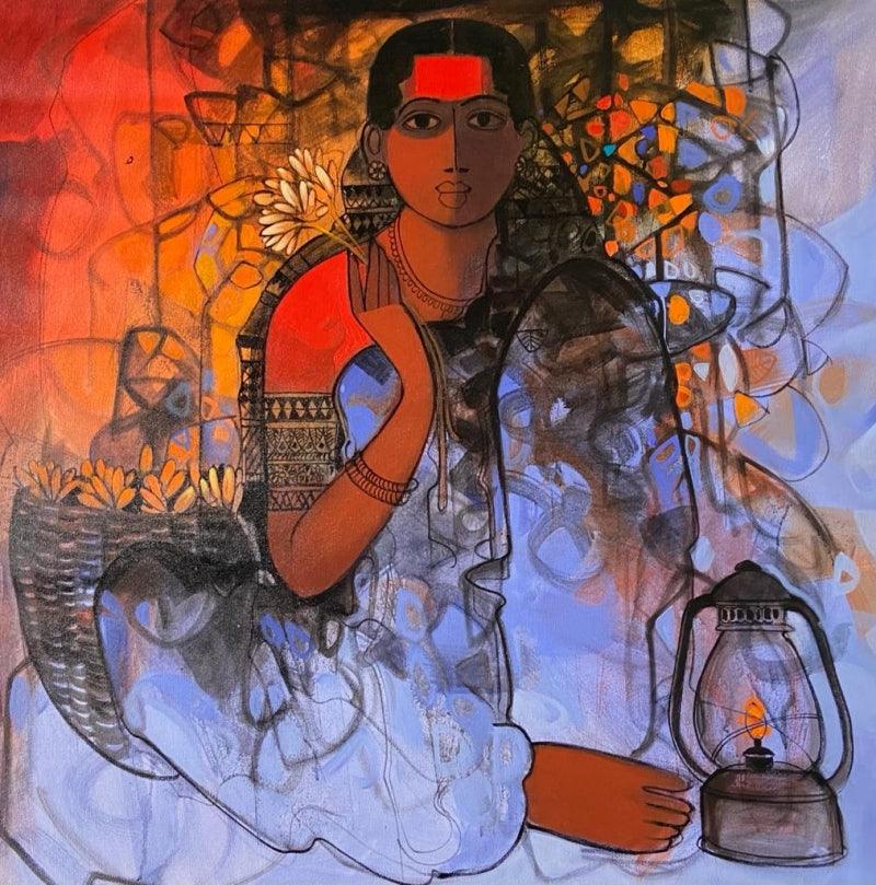 Figurative acrylic painting titled 'Flower Seller 7', 36x36 inches, by artist Sachin Sagare on Canvas