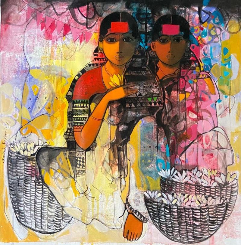 Figurative acrylic painting titled 'Flower Seller 8', 36x36 inches, by artist Sachin Sagare on Canvas