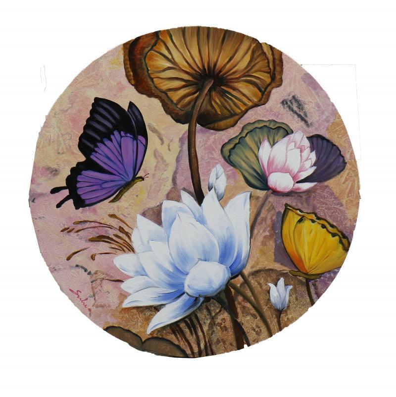Nature oil painting titled 'Flower With Butterfly', 24x24 inches, by artist Sulakshana Dharmadhikari on canvas