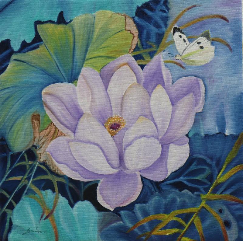 Nature oil painting titled 'Flower With butterfly', 18x18 inches, by artist Sulakshana Dharmadhikari on canvas