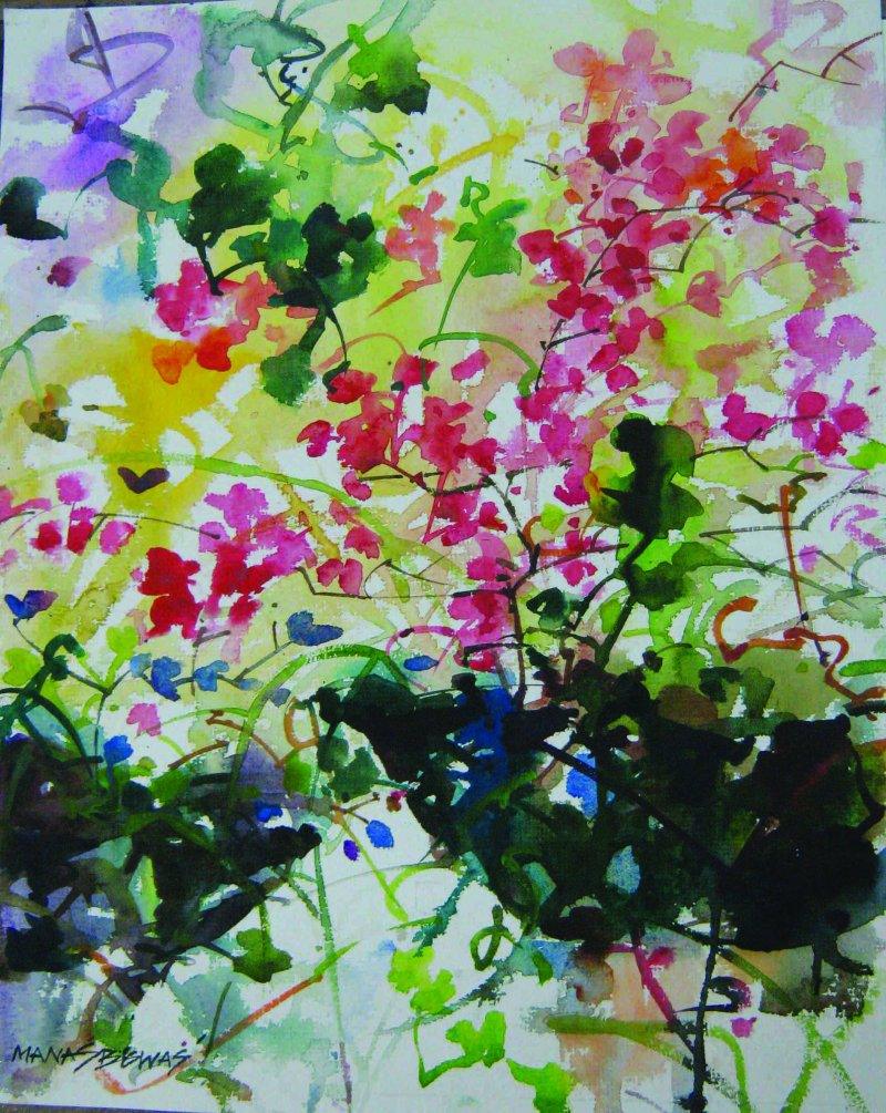 Nature watercolor painting titled 'Flower vase', 11x11 inches, by artist Manas Biswas on Paper