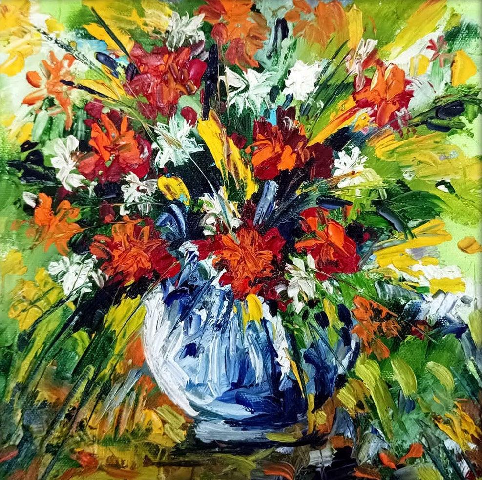 Nature oil painting titled 'Flowers 1', 10x10 inches, by artist Bahadur Singh on Canvas