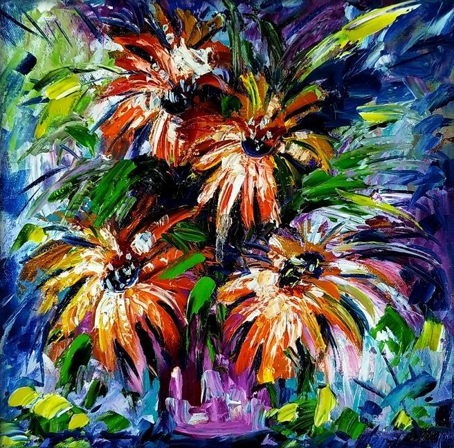 Nature oil painting titled 'Flowers 2', 12x12 inches, by artist Bahadur Singh on Canvas