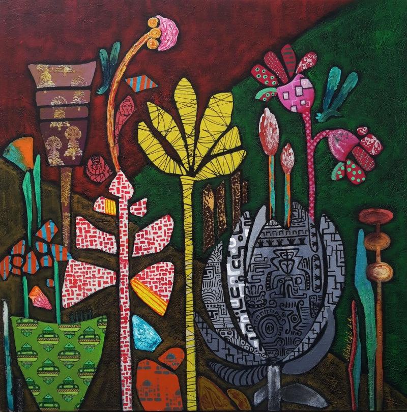 Nature acrylic painting titled 'Flowers 2', 30x30 inches, by artist Sheetal Singh on Canvas