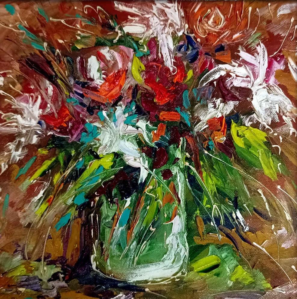 Nature oil painting titled 'Flowers 3', 10x10 inches, by artist Bahadur Singh on Canvas