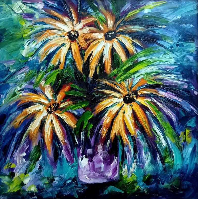 Nature oil painting titled 'Flowers', 39x39 inches, by artist Bahadur Singh on Canvas