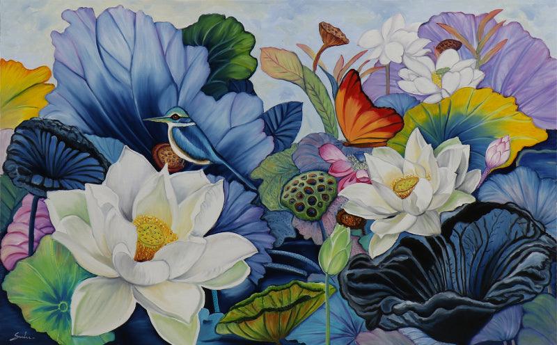 Nature oil painting titled 'Flowers', 30x48 inches, by artist Sulakshana Dharmadhikari on canvas