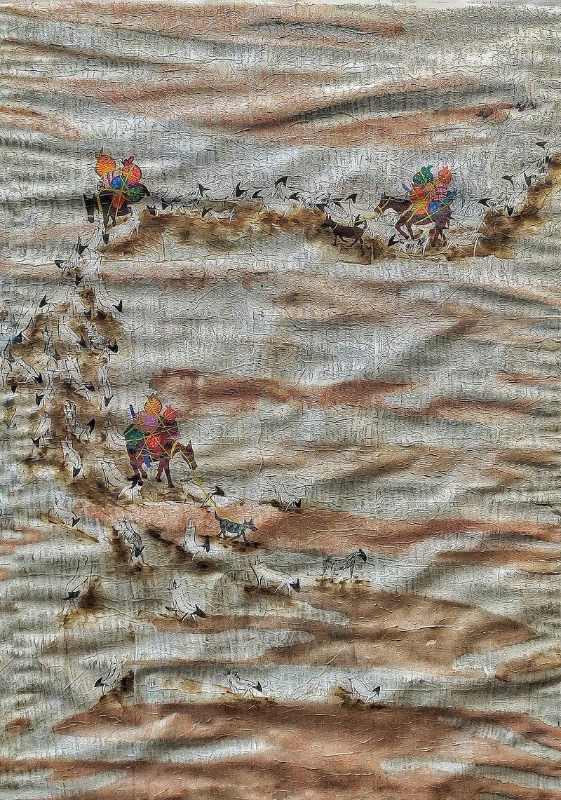 Landscape mixed media painting titled 'Flowing World', 51x36 inches, by artist Pratik Raut on Paper