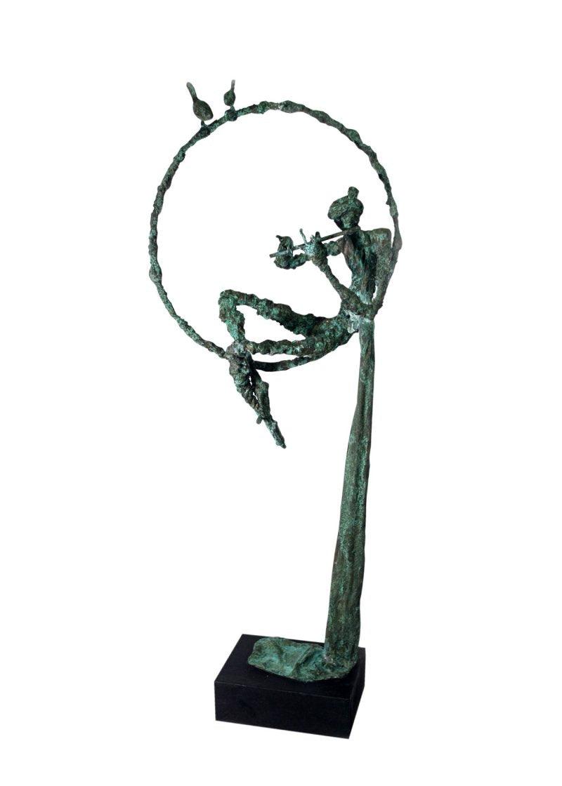 Figurative Metal sculpture titled 'Flute Player', 13x7x32 inches, by artist Rohan Pawar on Brass