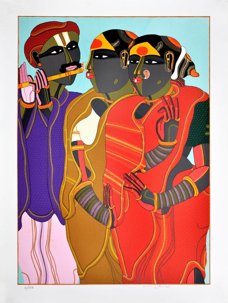 Figurative serigraphs painting titled 'Flute Player', 40x30 inches, by artist Thota Vaikuntam on Paper