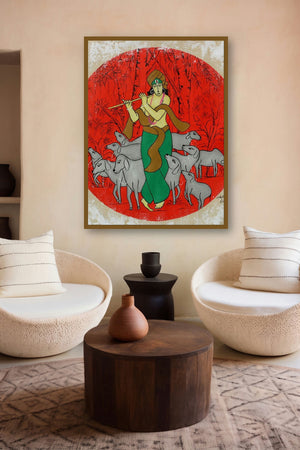 Flutist (The Divine Musician) by artist Chetan Katigar displayed in a Indian Art gallery