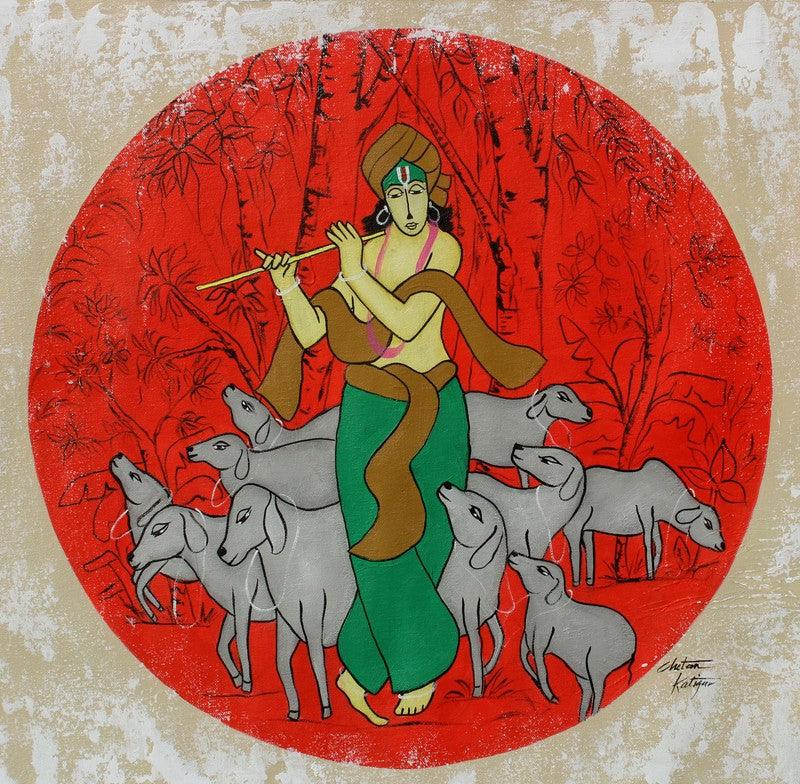 Figurative acrylic painting titled 'Flutist', 22x22 inches, by artist Chetan Katigar on Canvas