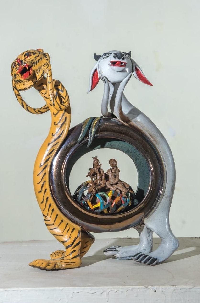 Religious sculpture titled 'Folk Dance', 21x16x7 inches, by artist Narottam Das on Ceramic