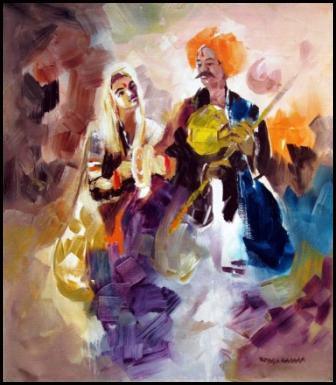 Figurative acrylic painting titled 'Folk Musicians', 48x42 inches, by artist Kariyappa Hanchinamani on Canvas