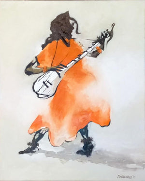 Folk Singer (Urban Jungle) by Tirthankar Biswas, Original Oil Figurative Painting on Canvas, X-Large Vertical Wall Art