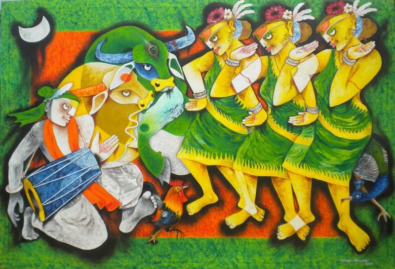Figurative acrylic painting titled 'Folk dance 11', 48x72 inches, by artist Uttam Manna on Canvas
