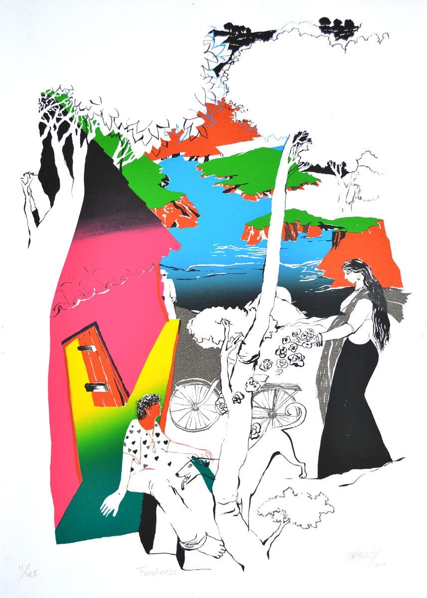 Figurative serigraphs painting titled 'Fondness', 28x20 inches, by artist Nabibakhsh Mansoori on Paper