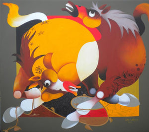 Force (Joyful Frolic) by Uttam Manna, Original Acrylic Figurative Painting on Canvas, Large Horizontal Wall Art