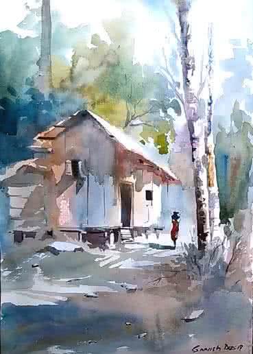 Landscape watercolor painting titled 'Forest house', 22x15 inches, by artist Gopesh Das on Paper
