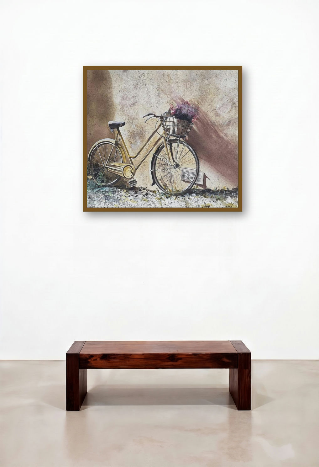 Forgotten Bicycle And Old Wall (A Floral Ride) by artist Mrutyunjaya Dash displayed in a Rustic Hotel Suite