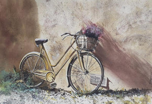 Transportation watercolor painting titled 'Forgotten BiCycle and old wall', 16x12 inches, by artist Mrutyunjaya Dash on paper